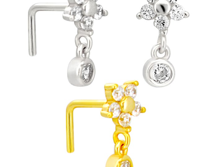 Sterling Silver Five Petal Flower Dangling CZ L-Shaped Nose Ring