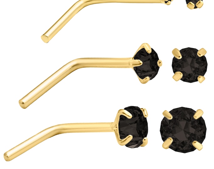 14k Yellow Gold L-Shaped Nose Ring with Black Diamond, Prong Set, Nose Jewelry, Body Piercing, Unique Gift