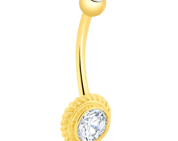 14k Gold Round CZ in Bezel Setting Belly Ring