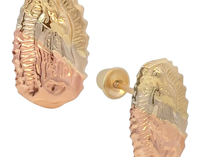 14k Solid Gold Three Tone Virgin Mary Stud Earrings