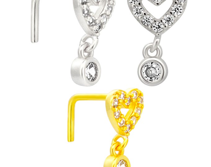 Sterling Silver Hollow CZ Studded Heart Dangling CZ L-Shaped Nose Ring