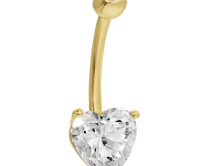 14k Solid Gold Banana Belly Ring with Heart Shaped CZ in Prong Setting