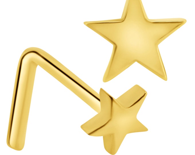 14k Solid Yellow Gold Polished Plain Star Design L-Shape Nose Ring