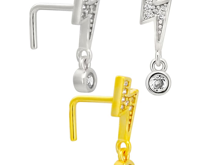 Sterling Silver Lightning Bolt with Dangling CZ L-Shaped Nose Ring