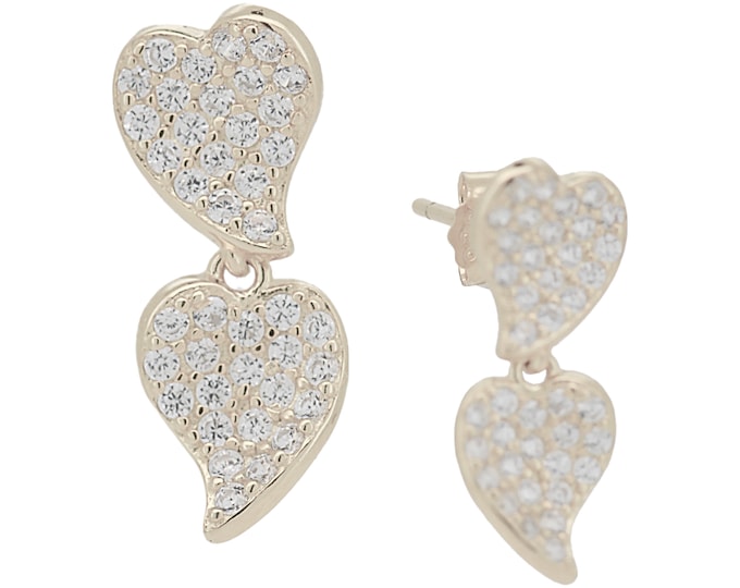 925 Sterling Silver Double Heart with Cubic Zirconia Stud Earrings