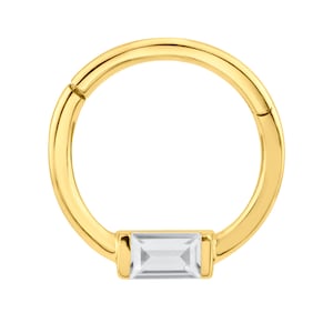 14K Yellow Gold Hinged Segment Hoop with Single Baguette Cubic Zirconia