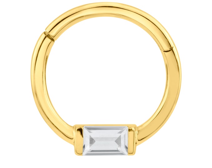 14K Yellow Gold Hinged Segment Hoop with Single Baguette Cubic Zirconia