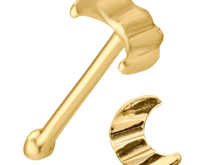 14k Solid Yellow Gold Textured Crescent Moon Design Nose Bone