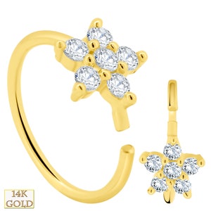 14k Yellow Gold Five Petal Star Shaped Flower Cubic Zirconia | Lip Piercing | Helix Hoop | Cartilage | Conch Hoop | Body Jewelry | Earring