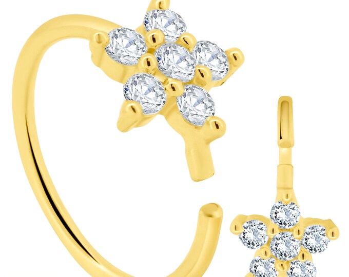 14k Yellow Gold Five Petal Star Shaped Flower Cubic Zirconia | Lip Piercing | Helix Hoop | Cartilage | Conch Hoop | Body Jewelry | Earring