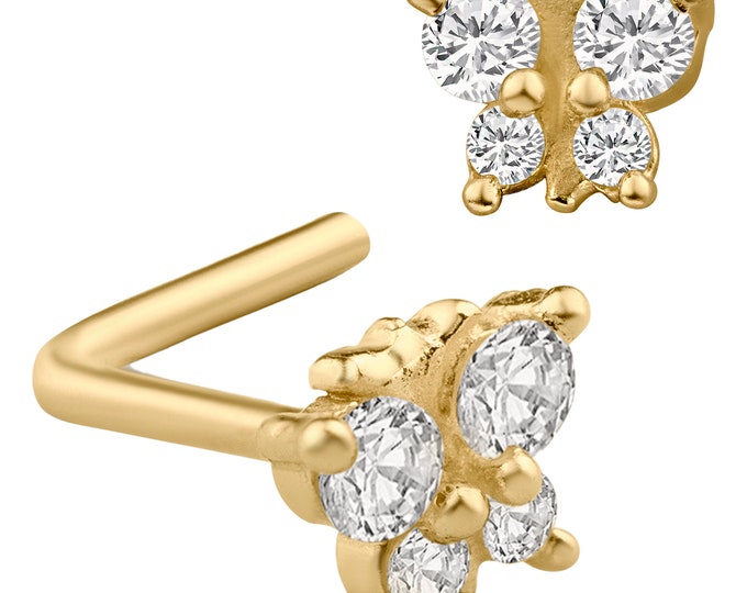 14k Solid Yellow Gold 4 Round Cubic Zirconia Butterfly Design L Shaped Nose Ring