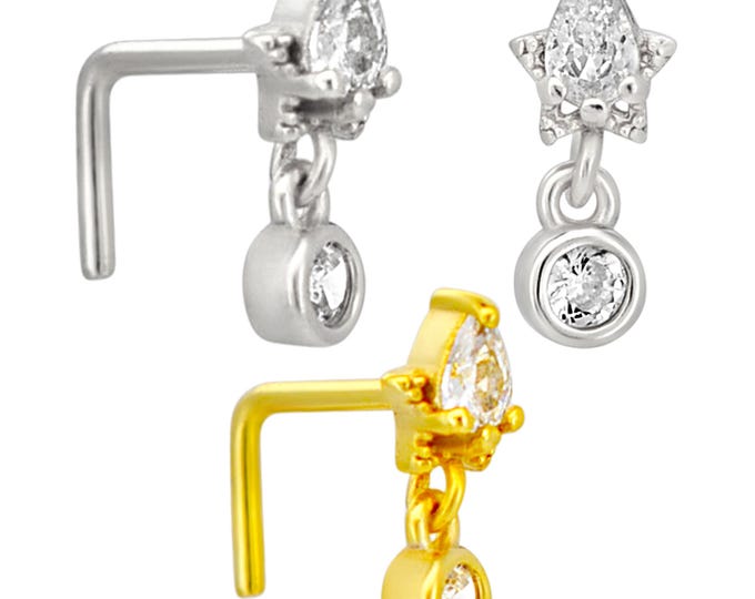 Sterling Silver Pear CZ on Star with Dangling CZ L-Shaped Nose Ring
