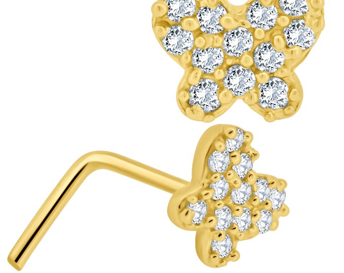 14k Yellow Gold Butterfly Shape 12 Round Cubic Zirconia Prong Setting L Shaped Nose Ring