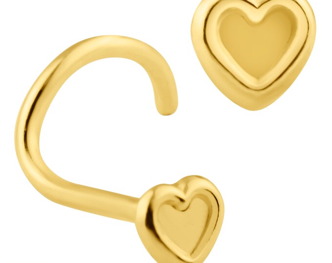14k Solid Yellow Gold 2.3mm Beveled Heart Stud Design 7mm Length Nose Screw