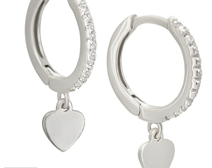 925 Sterling Silver Dangling Plain Heart CZ Studded Hoop Earrings