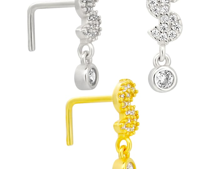 Sterling Silver Dollar Sign with Dangling CZ L-Shaped Nose Ring