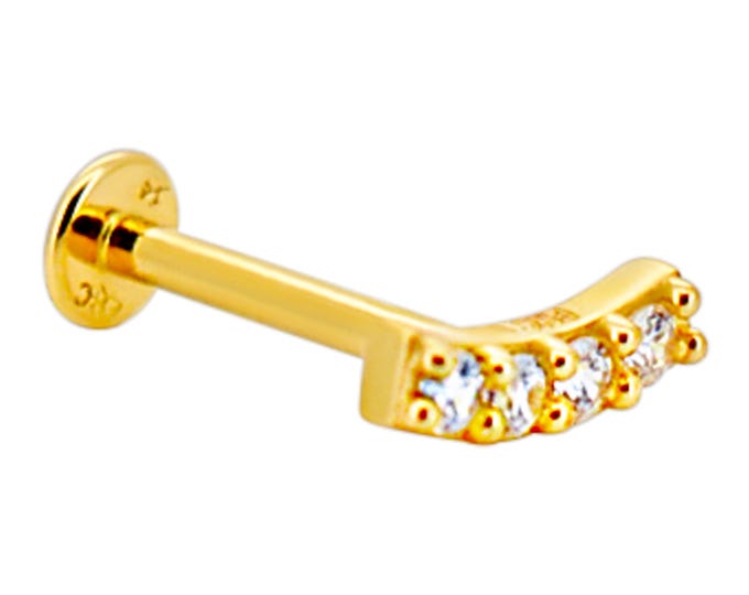 14k Yellow Gold Curved Bar with Round Cubic Zirconia in Prong Setting 18g Labret Flatback