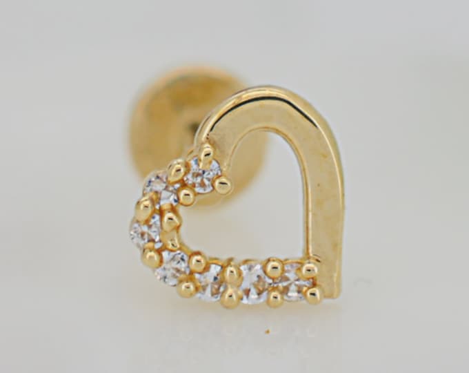 14k Yellow Gold Heart w/ Multi Zircon Half Around Labret | Flat Back Earrings | Helix | Conch | Piercing | Tragus | Body Jewelry