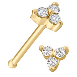 14k Yellow Gold 3 SI1 Diamonds Prong Setting Triangle Shape Nose Bone | 1.1mm | 1.5mm