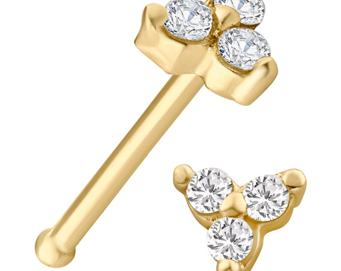 14k Yellow Gold 3 1.5mm Lab Diamonds Prong Setting Triangle Shape Design Nose Bone