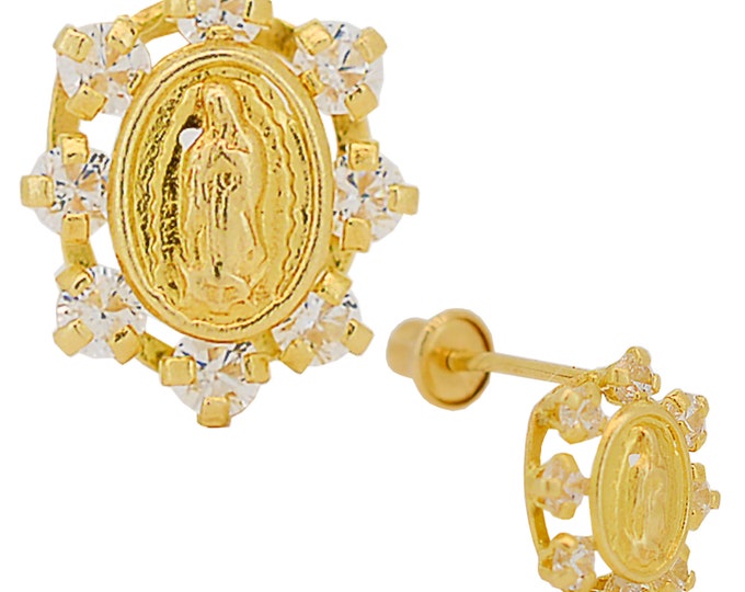 14k Yellow Gold Virgin Mary Design with Zircon Screw Back Stud Earring