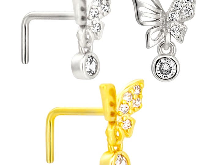 Sterling Silver Half CZ Studded Butterfly with Dangling CZ L-Shaped Nose Ring