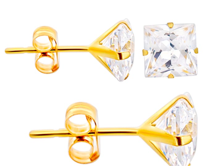 14K Solid Gold Stud Earrings with Clear Square Cubic Zirconia