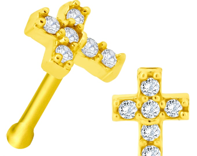 14k Solid Yellow Gold Cross Design 6 Clear Zircon Design Nose Bone