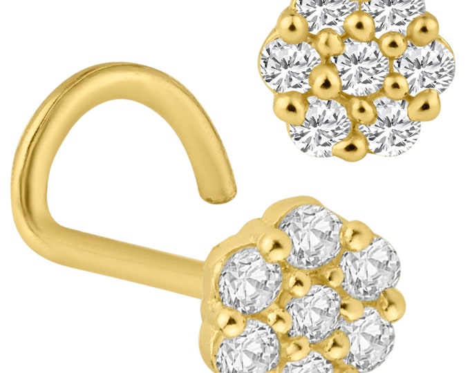 14k Solid Gold 4mm 7 Round Cubic Zirconia Flower Design Nose Screw