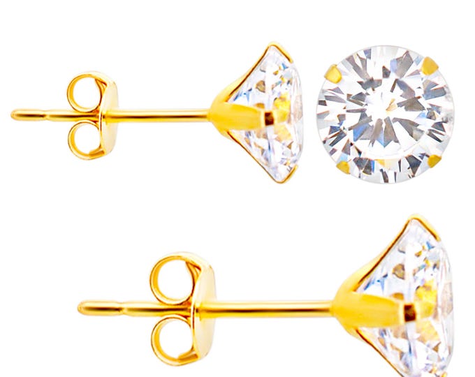 14K Solid Gold Stud Earrings with Clear Round Cubic Zirconia