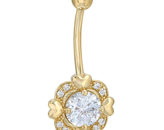 14k Solid Gold Belly Ring with Round CZ Center and Hearts Design