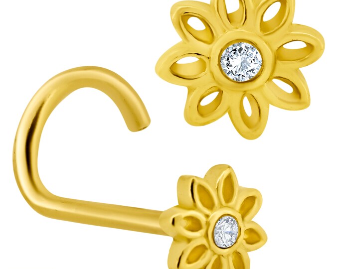 14k Solid Yellow Gold Polished Hollow Flower Design Round Clear Zircon Cork Screw Nose Screw