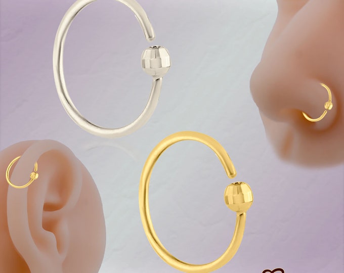 14k Solid Gold Fixed Disco Ball Bead Hoop Piercing Twist to Open | Nose Ring | Lip Piercing | Helix Hoop | Cartilage | Conch Hoop | 6MM