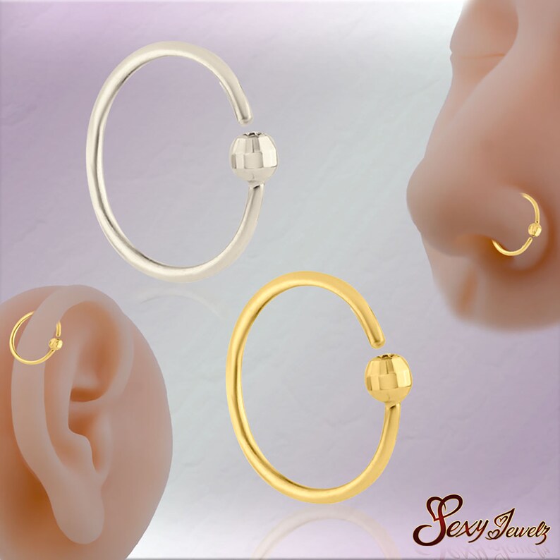 14k Solid Gold Fixed Disco Ball Bead Hoop Piercing Twist to Open Nose