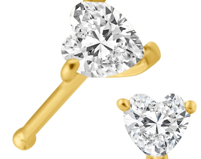 14k Solid Gold Heart Shape Cubic Zirconia in Prong Setting Nose Bone
