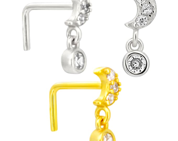 Sterling Silver Moon with Dangling CZ L-Shaped Nose Ring