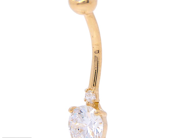10k Solid Gold Banana Belly Ring, Zircon Navel Jewelry, Double Round Prong Setting, Unique Body Piercing, Gift for Her