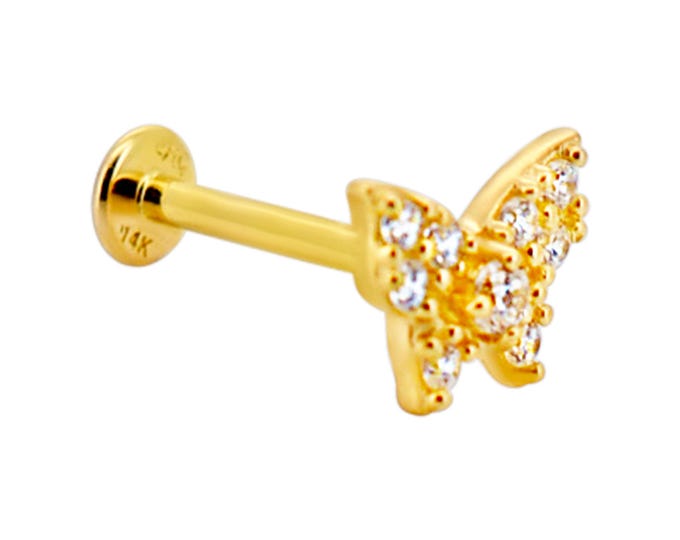 14k Yellow Gold Cubic Zirconia Studded Butterfly 18g Labret Flatback