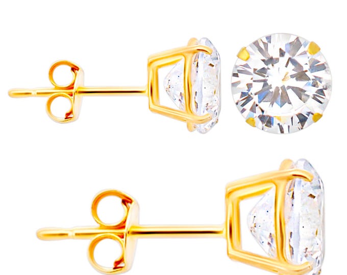 14K Solid Gold Stud Earrings with Clear Round Cubic Zirconia