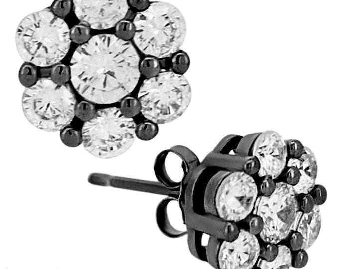 925 Sterling Silver Black Plated Round Flower Push Back Stud Earring