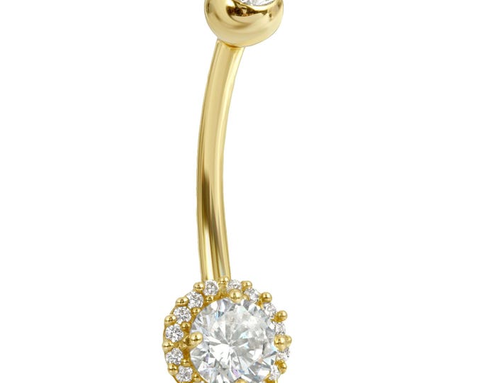 14k Solid Gold Round CZ Belly Ring