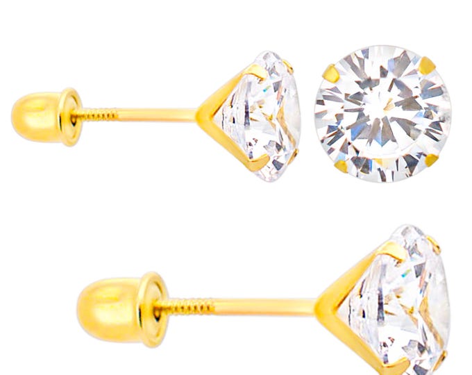 14K Solid Gold Screw Back Stud Earring with Round Clear Zircon in Stamping Prong Setting