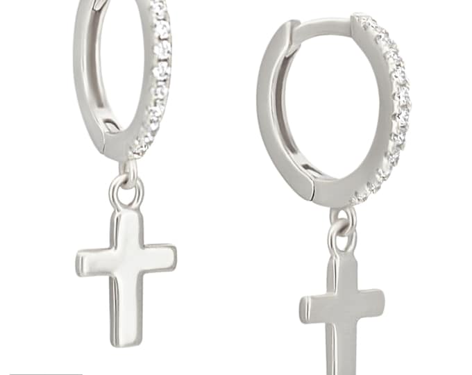925 Sterling Silver Dangling Plain Cross with CZ Studded Hoop Earrings
