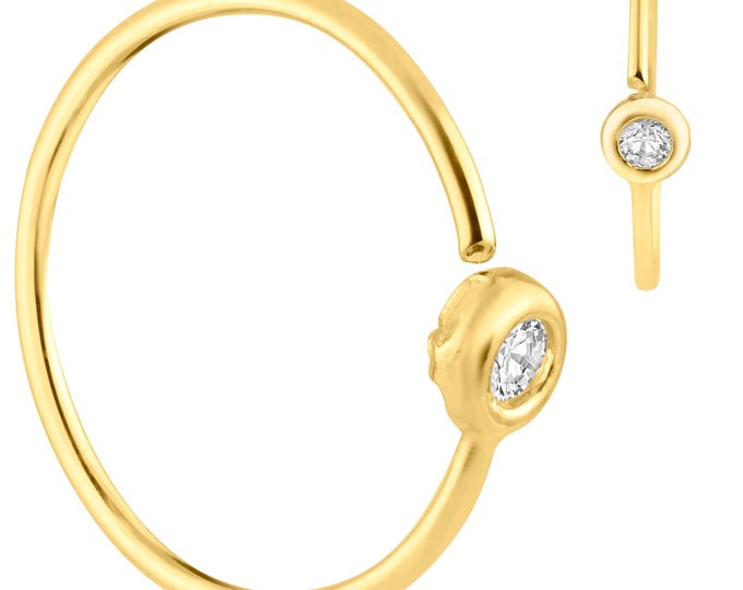 14k Solid Gold Bezel Setting Zircon Hoops Piercing Twist top Open 8MM  | Nose Ring | Lip Piercing | Helix Hoop | Cartilage | Conch Hoop