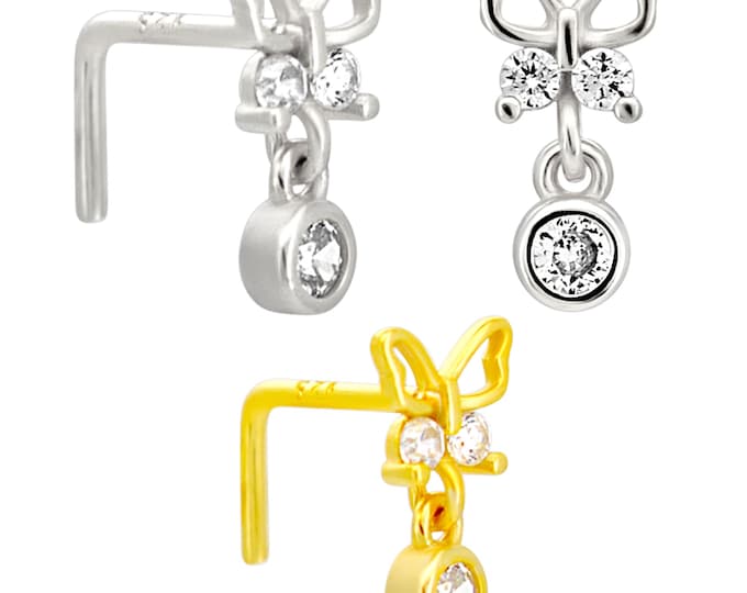 Sterling Silver Butterfly with Dangling CZ L-Shaped Nose Ring