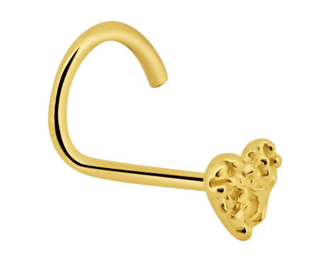 14k Solid Yellow Gold Corkscrew Nose Screw, Heart Design, 22g Thickness, Nugget Style, Unique Jewelry
