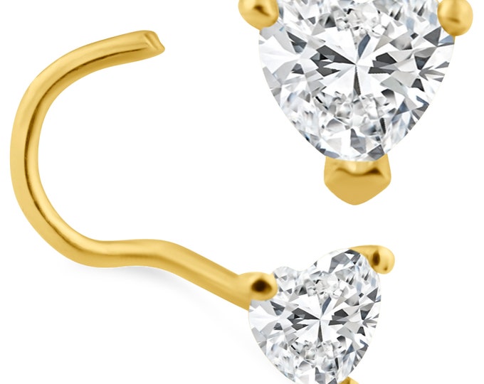 14k Solid Gold Heart Shape Cubic Zirconia Prong Setting Cork Screw Nose Screw