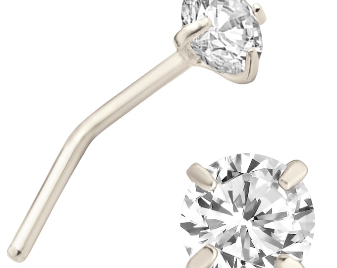 14k Solid Yellow Gold Prong Setting Round Cubic Zirconia L-Shape | NOSE STUD | nose piercing | Stud | 6MM | Nose Ring | Body Jewelry