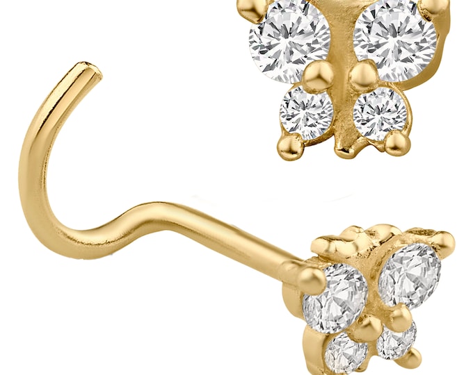 14k Solid Yellow Gold 4 Round Cubic Zirconia Butterfly Design Nose Screw