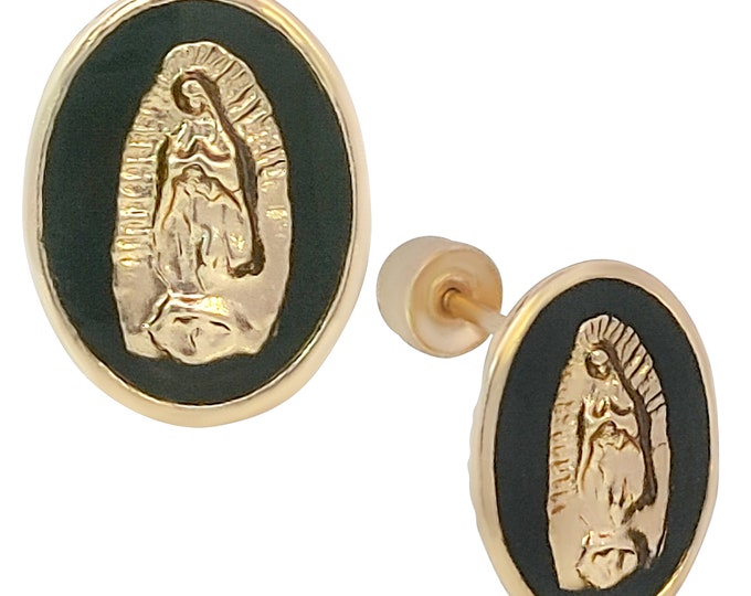 14k Solid Gold Onyx Virgin Mary Stud Earrings